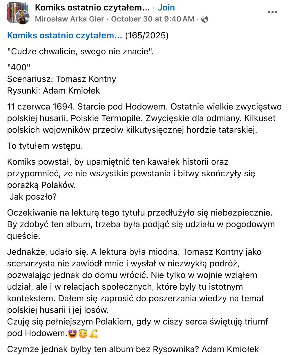 Wpis na grupie Komiks ostatnio czytałem...